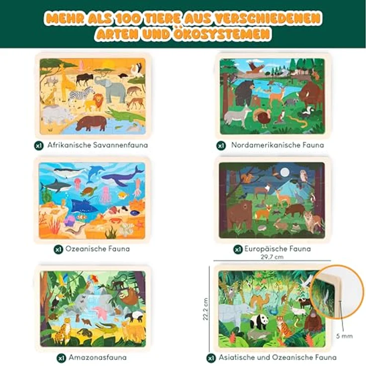BONNYCO Holzpuzzle Kinder Set, 6 Puzzles mit 24 Teilen, Tiere diverser Ökosysteme, Lernspielzeug für 3-8 Jahre, pädagogisches Geschenk – Bild 2