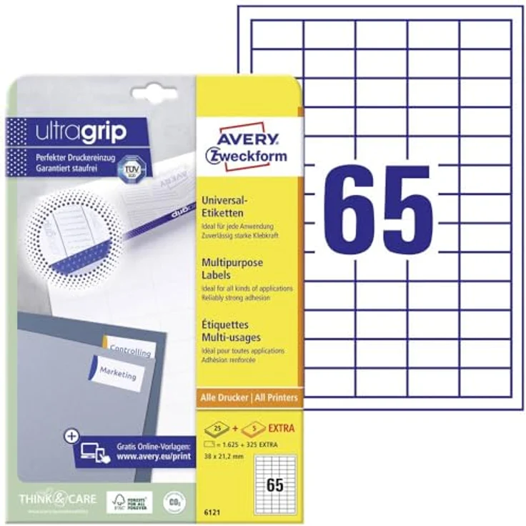 AVERY Zweckform 6121 Universal Etiketten, 1.950 selbstklebende Aufkleber, 38x21,2mm auf A4, FSC-zertifiziert, matt, mit ultragrip, 30 Blatt, weiß – Bild 1
