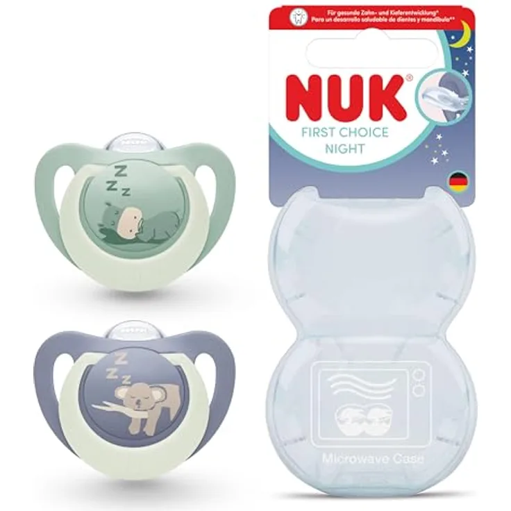 NUK First Choice Night Baby Schnuller, orthodontischer Beruhigungssauger für 6-18 Monate, leuchtend im Dunkeln, Nilpferd/Koala, 0-2 Stück, beruhigt 99 % aller Babys, schonend zur empfindlichen Haut.