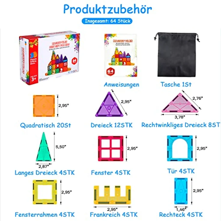 Magnetische Bausteine 64 Teile Magnetspielzeug Magnete Bauklötze Baukasten Kinder Magnetbausteine Perfekt für den Einsatz zu Hause, in Schulen, fürJungen und Mädchen 3 4 5 6 7 8 Jahre alt – Bild 6