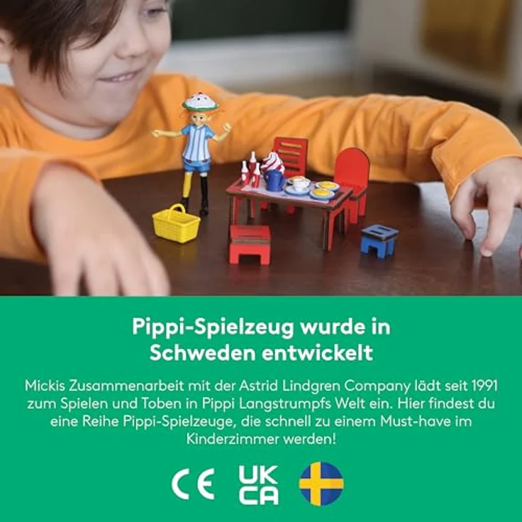 Micki Figurka Pippi, Sammelfigur mit blau-weißer Schürze und Zubehörset für Teestunde in Pippis Garten – Bild 5