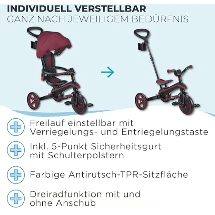 Globber Explorer Trike Foldable 4in1, Dunkelrot – Dreirad, Laufrad und Kinderwagen mit UV-Sonnenschutzdach, höhenverstellbar, TPR-Sitz, 10/8,5 Zoll – Bild 5