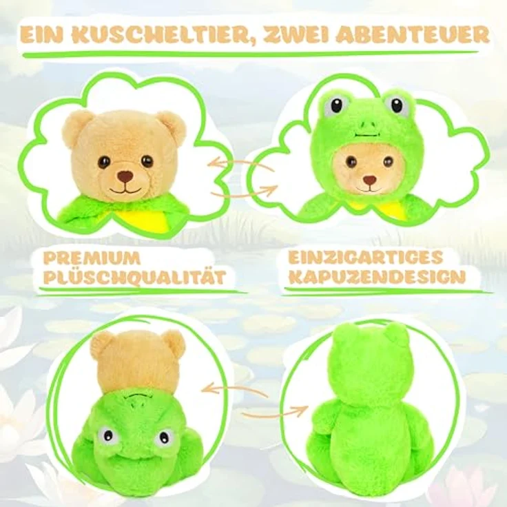BRUBIES Teddy Frosch, 25 cm Plüschtier im Froschkostüm mit abnehmbarer Kapuze, extra weiches Kuscheltier für Kinder, pflegeleicht – Bild 3