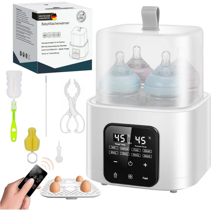 FOSMET 9-in-1 Babyflaschenwärmer 2025, BPA-frei, für 4 Flaschen bis 240ml, 100°C Dampfst sterilisation, Fernbedienung, intelligentes Touchscreen, inkl. Eierdämpfvorrichtung