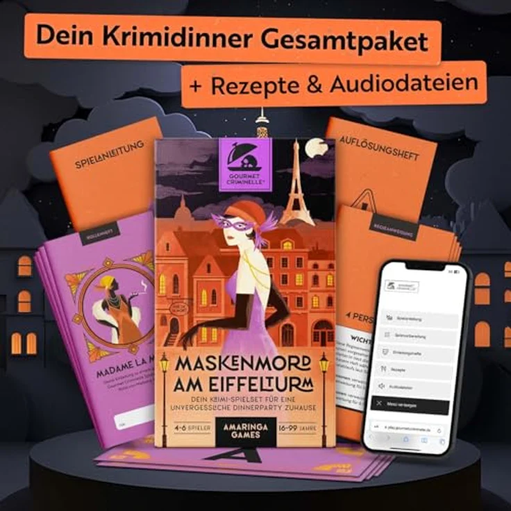 Gourmet Criminelle® Krimidinner für zuhause, Mordfall Maskenmord am Eiffelturm, für 4-6 Spieler ab 16 Jahren, spannendes Krimi Dinner Spiel mit digitalen Einladungen und Rezepten – Bild 5