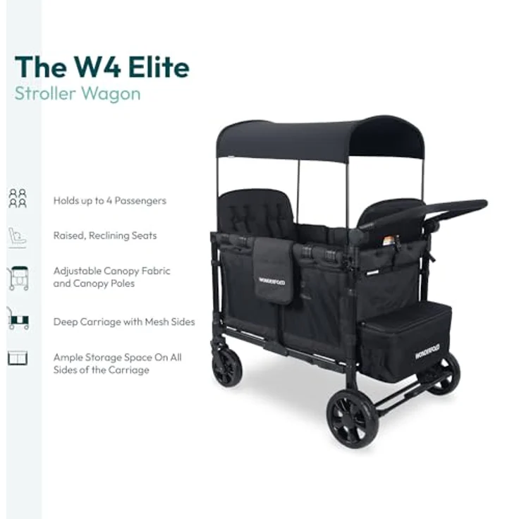 WONDERFOLD W4 Elite Quad Stroller Wagon, Volcanic Black - 4 Face-to-Face Seats, 5-Point Harnesses, Adjustable Push Handle, Removable UV-Protection Canopy – Bild 3