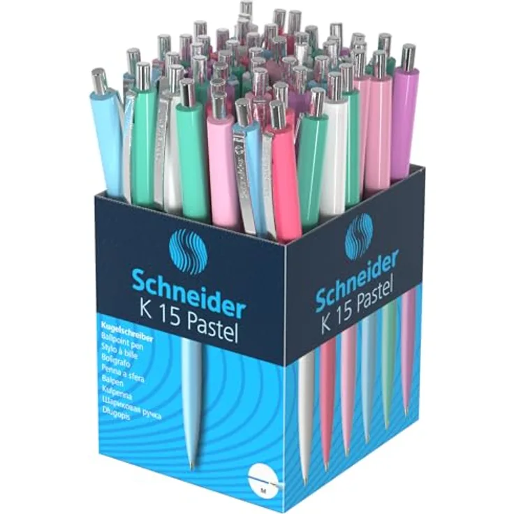 Schneider K15 Kugelschreiber, 50er Set in assortierten Pastellfarben, blaue Schreibfarbe, auswechselbare Mine M