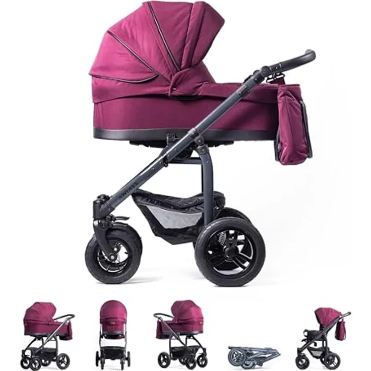 ZEKIWA Kinderwagen 3 in 1 [XL LIEGEFLÄSCHE 82cm] Baby Erstausstattung Neugeborene mit Sportwagenaufsatz, Kombikinderwagen 360° Vorderräder | alle Untergründe | Reisebuggy (Waldbeere)