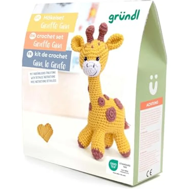 Gründl Häkelset Kuscheltier Giraffe Gina, Esel Eddy, Robbe Robby, Tiger Timmy, 100% Baumwolle in gelb, braun, weiß, inklusive Häkelnadel und Anleitung – Bild 1