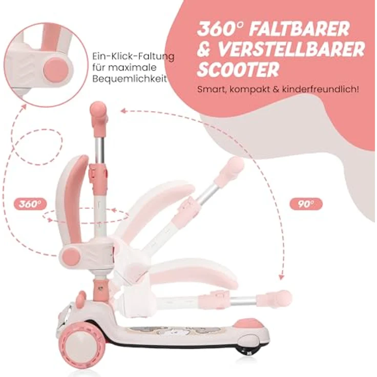 Habib Gruppe Kinderroller Tretroller 3-in-1 Faltbar mit Sitz, LED-Rädern, verstellbar & leicht für Kinder (1-12 Jahre), pink – Bild 5