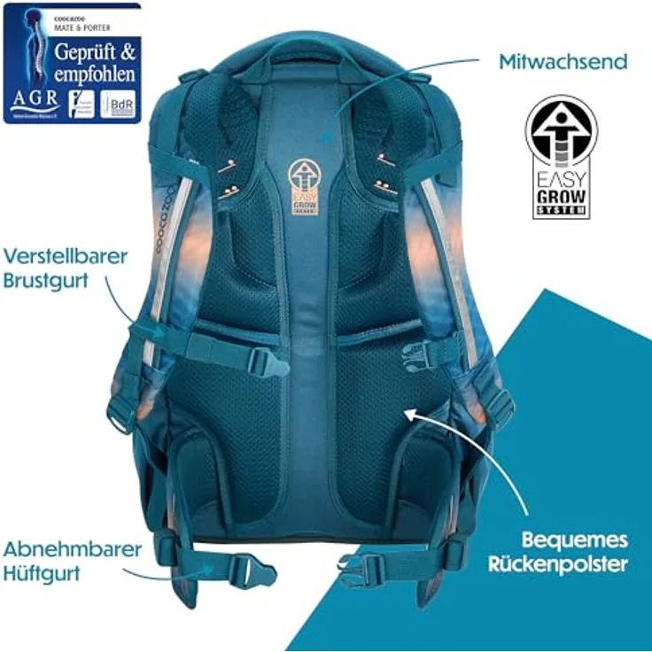 Coocazoo Schulrucksack Mate „Pacific Tribes” in blau-orange, ergonomisch & anpassbar, mit 30L Volumen & LED-Lichtbefestigung, ab 3. Klasse – Bild 4
