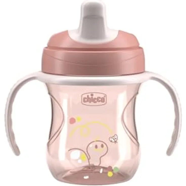 Chicco Training Trinklernbecher, Auslaufsicherer Kunststoffbecher mit ergonomischer halbweicher Tülle und abnehmbaren Griffen, Rosa