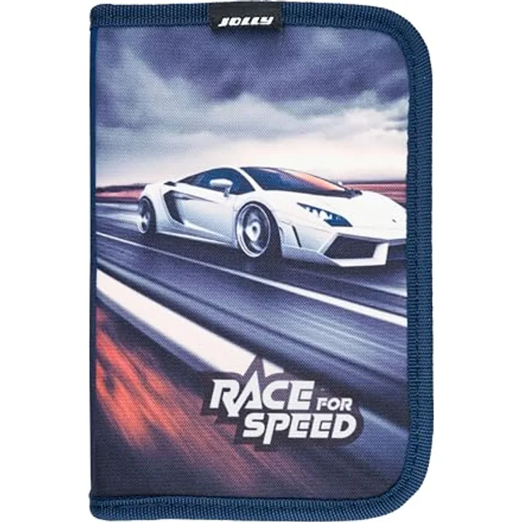 JOLLY 1-Zipp-Federpennal Race for Speed, Dunkelblau, 30-teilig befüllt mit Buntstiften, Fasermalern, Graphitstiften und Zubehör