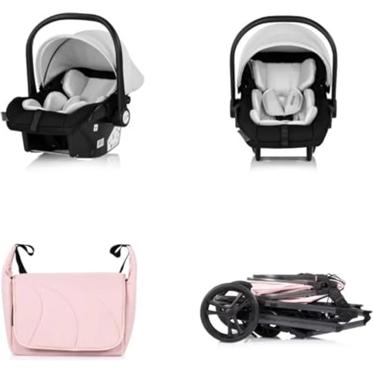 Chipolino Kinderwagen 3 in 1 Amore, Kombikinderwagen mit Babyschale, Adapter, Wickeltasche und Fußabdeckung, rosa pink – Bild 5