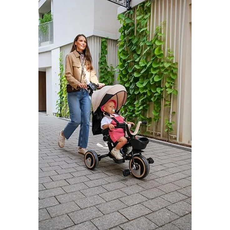 MoMi IVI 3-in-1 Kinderdreirad, beige, mit 360° drehbarem Sitz, Schiebestange & Sonnendach, 3-Punkt-Gurt, PU-Räder – Bild 2
