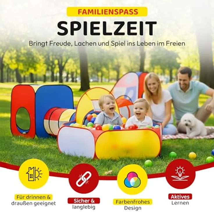 all Kids United® XXL Spielzelt mit Tunnel, Bällebad, Krabbel-Tunnel & Klettball Dartscheibe, Pop-Up 5-teiliges Spiel-Haus mit Tasche – Bild 2