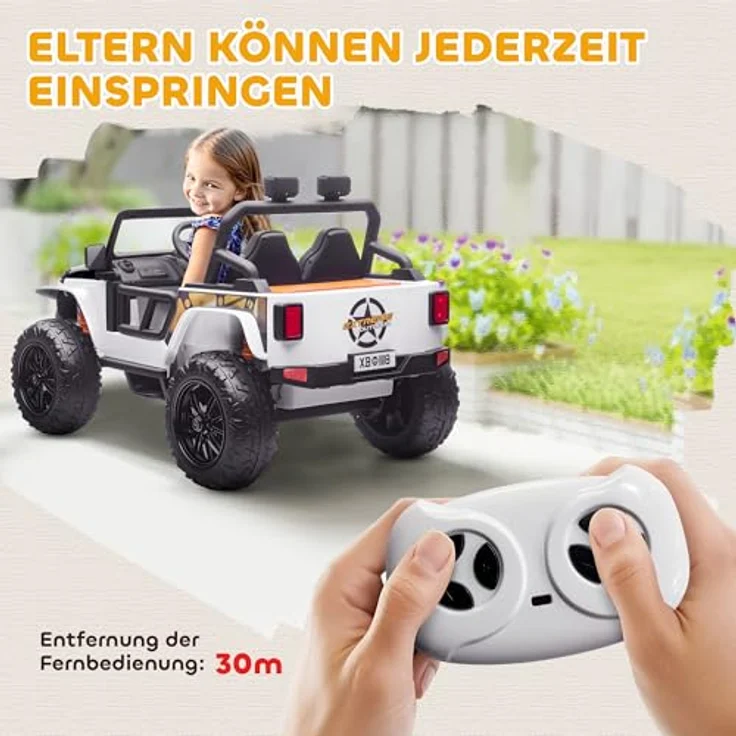 AIYAPLAY AIYAPLAY Kinder Elektroauto, 12V elektrisches Kinderfahrzeug mit Fernbedienung, 2 Motoren, LED-Lichtern, Musik und Eltern-Kind-Sitz, Weiß, für 3-8 Jahre – Bild 5