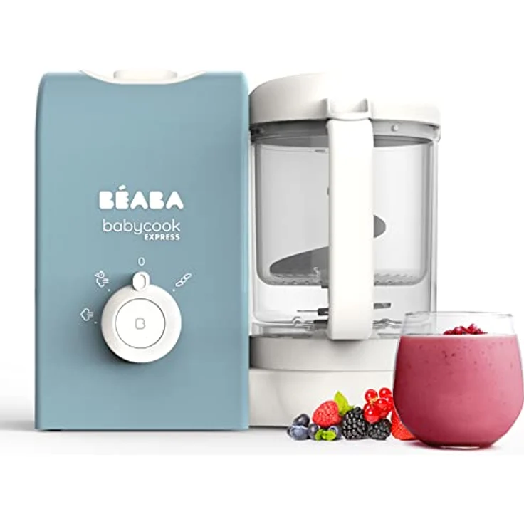BEABA, Babycook Express, 4 in 1 Babynahrungszubereiter, schnelles Kochen: weniger als 15 Min., Mixen, schonendes und gesundes Dampfgaren, Auftauen, Aufwärmen, Kapazität 1250 ml, Baltikblau – Bild 1