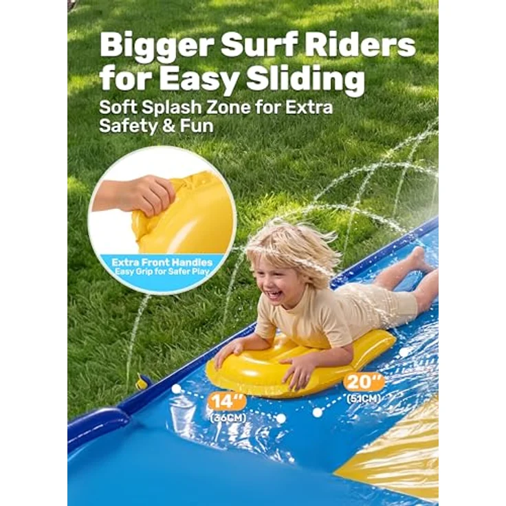 Sloosh 18ft/548cm Dreispurige Wasserrutsche mit 3 Bodyboards und integrierten Sprinklern, extra breite Rasen-Wasserrutsche für Kinder und Erwachsene, Außen-Wasserspielzeug für Sommer-Spaß – Bild 3