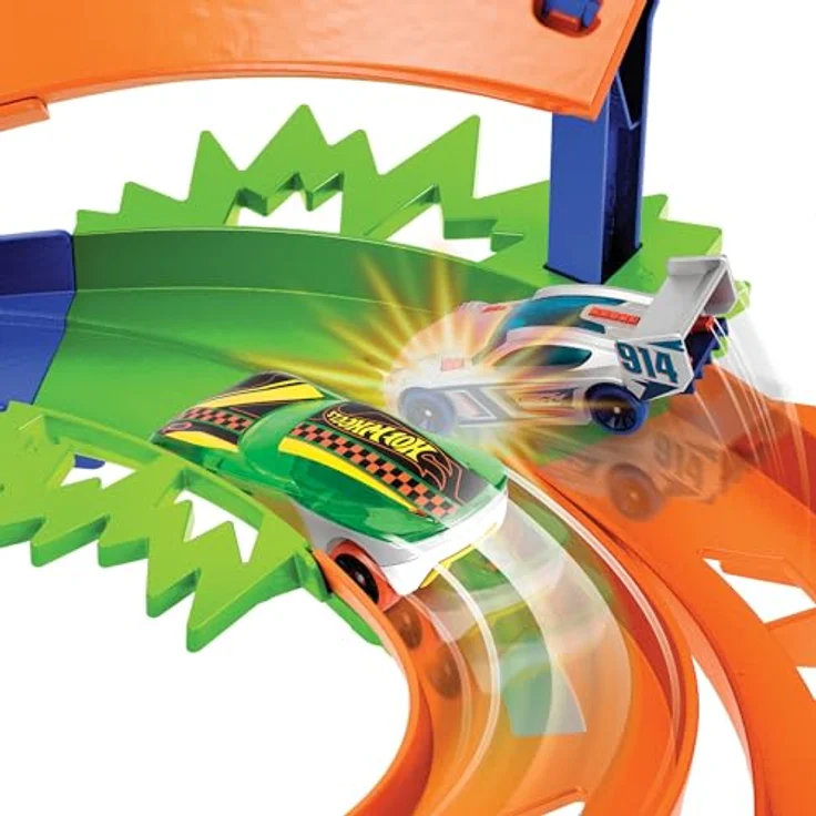 Hot Wheels Steilkurven-Rennstrecke, Trackset mit 2 Fahrzeugen im Maßstab 1:64, einfache Aufbewahrung, Modell HTK17 – Bild 4