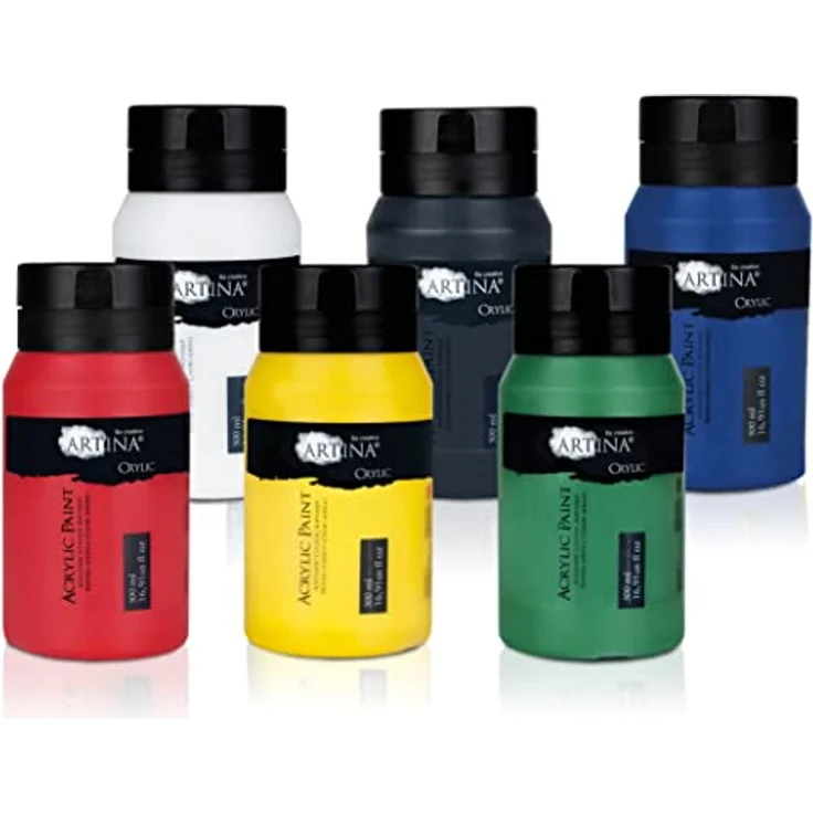 Artina 6er Acrylfarben Set 500ml – Wasserbasierte, schnelltrocknende Malfarbe mit hoher Pigmentierung, deckend und wasserfest, Profi Künstlerfarben Set – Bild 1