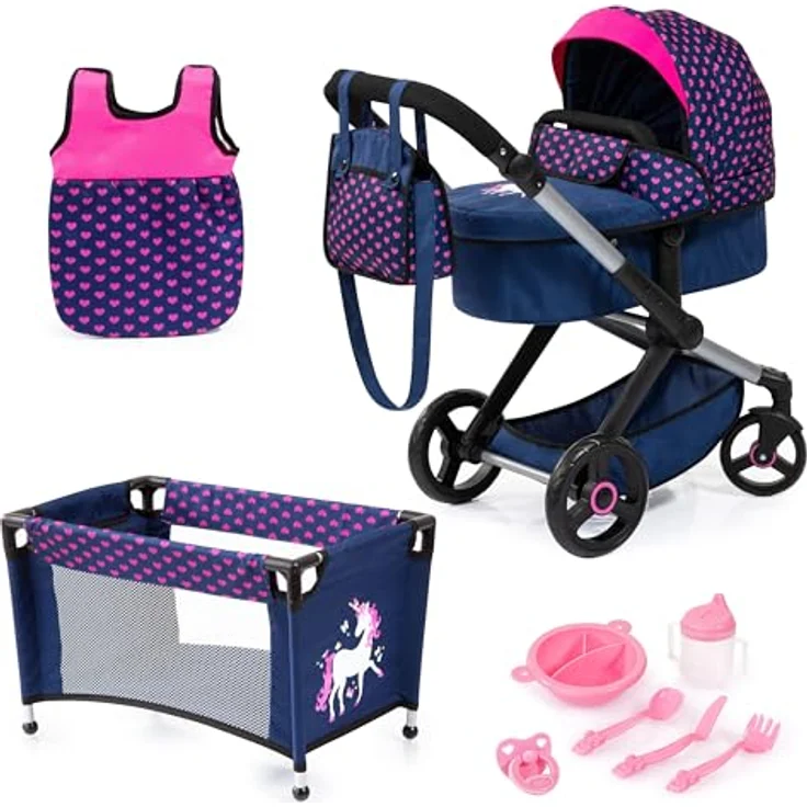 Bayer Design 17054AB Puppenwagen Xeo, Verstellbarer Griff, Schwenkschieber, Jogger, Schlafsack, Puppenbett, Zubehör – Bild 1