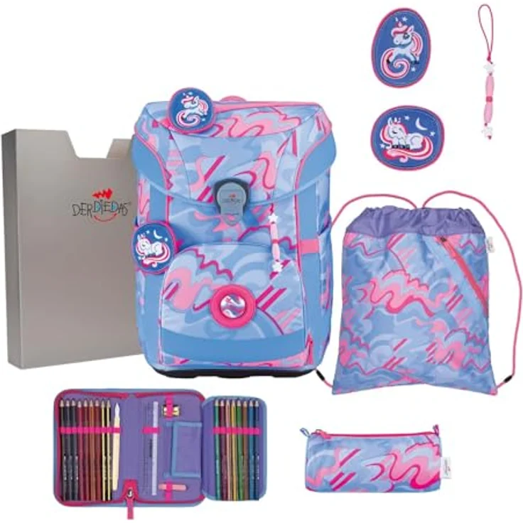 DerDieDas Schulranzen ErgoFlex Easy Superflash Set 6-teilig, ergonomisch, hellblau mit reflektierenden Flächen und optimaler Anpassung – Bild 1