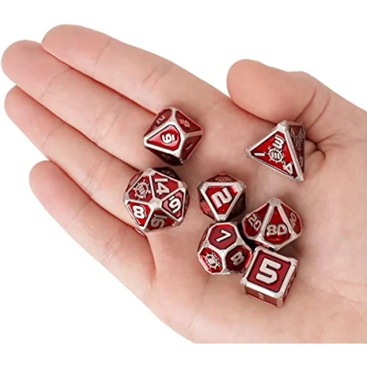 ENHANCE Würfelset aus Metall, 7-teiliges D20 D&D Collector's Edition Set mit 2-in-1-Würfeletui und Würfeltablett aus veganem Leder, rot – Bild 4