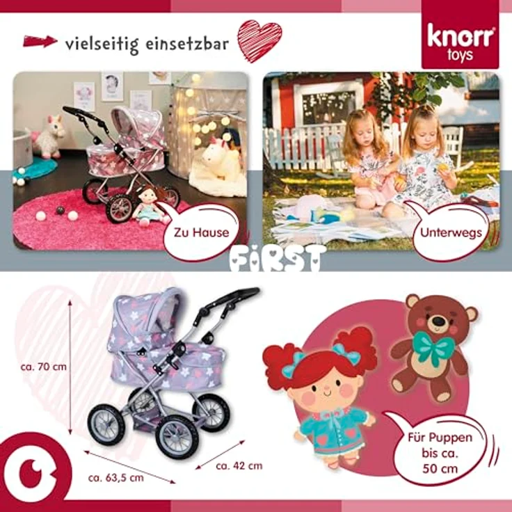 Knorrtoys® Puppenwagen First, höhenverstellbar mit verstellbarem Verdeck und Einkaufsnetz, ca. 63,5 x 42 x 70 cm, geeignet für Puppen bis 50 cm – Bild 8