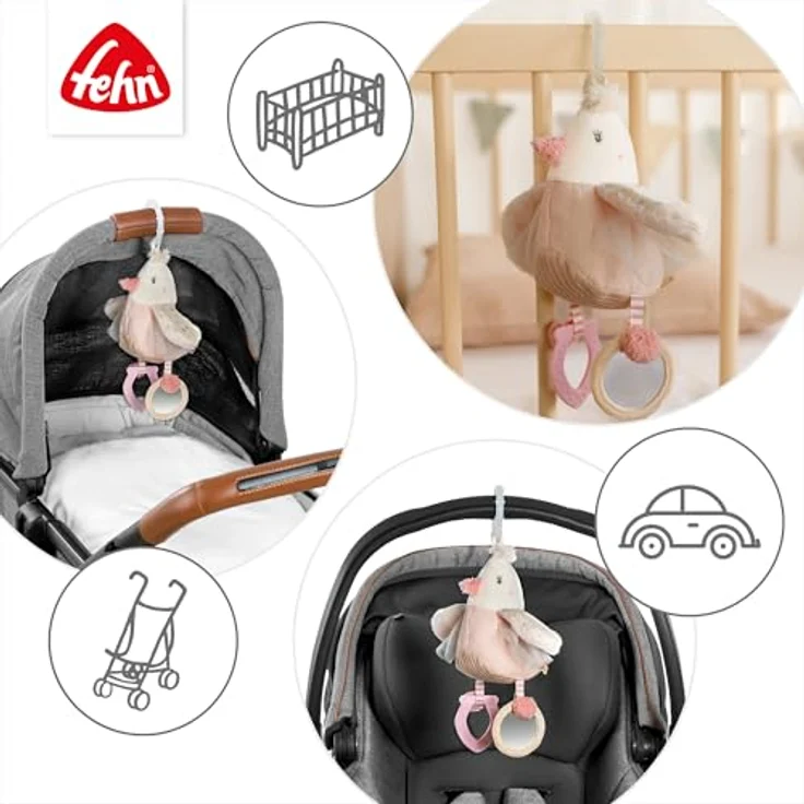 Fehn Greifspielzeug feehnLAND Activity-Vogel mit Quietsche, Glöckchen, Spiegel und Beißer, zur Befestigung an Kinderwagen, Babyschale oder Bett – Bild 6