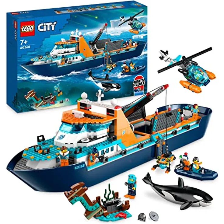 LEGO 60368 City Arktis-Forschungsschiff, großes schwimmfähiges Spielzeug-Boot mit Hubschrauber, Beiboot, ROV-U-Boot, Wikingerschiffswrack, 7 Minifiguren & Orca-Figur, Geschenk für Kinder ab 7 Jahren