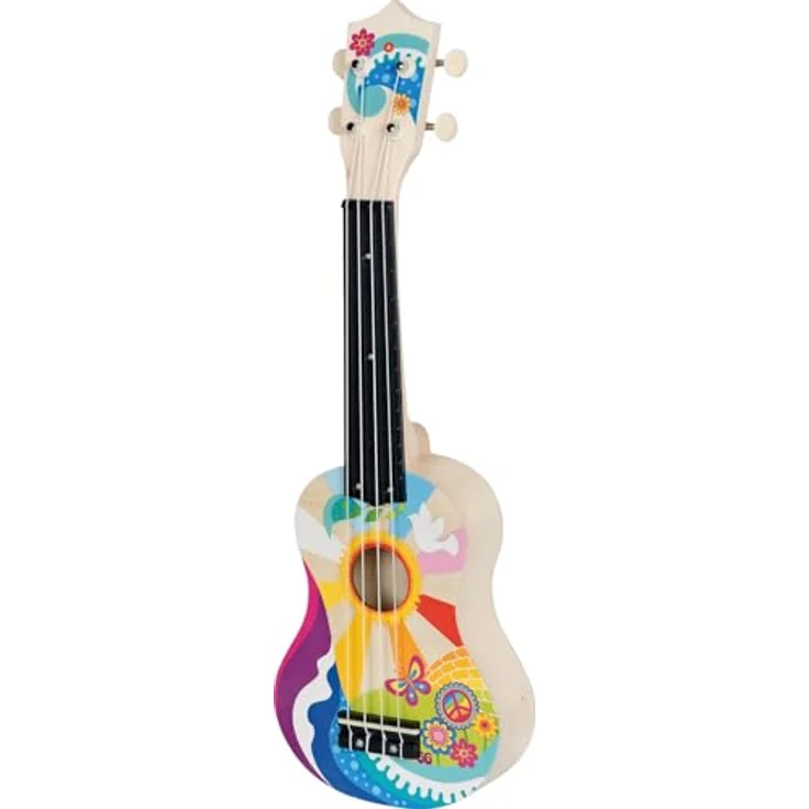 goki 61847 Ukulele Flower Power, Kinder-Ukulele aus Holz, 53 cm, 4 Saiten, Retro-Design im 60er-Jahre Stil mit Plektron & Ersatzsaiten, ideales Lerninstrument für Anfänger – Bild 1
