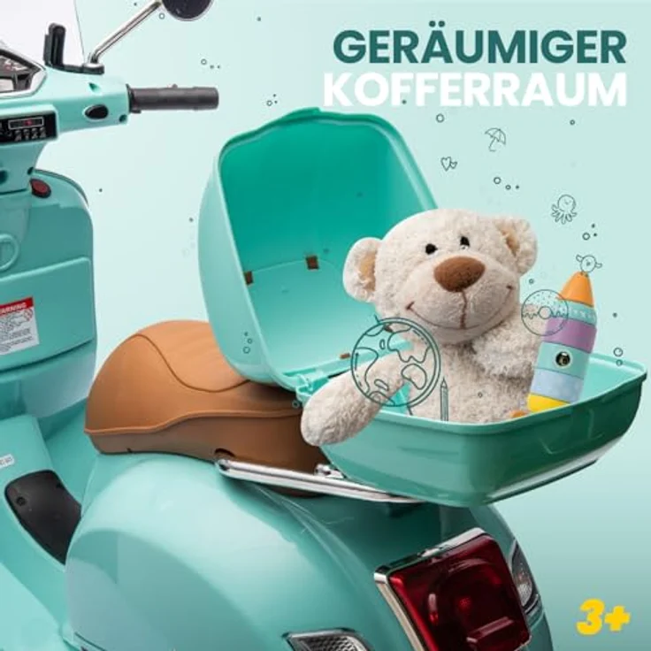 sun baby Vespa Elektro Kindermotorrad ab 3 Jahren, mit MP3-Player, Kunststoffräder, Kofferraum (Turkis) – Bild 5