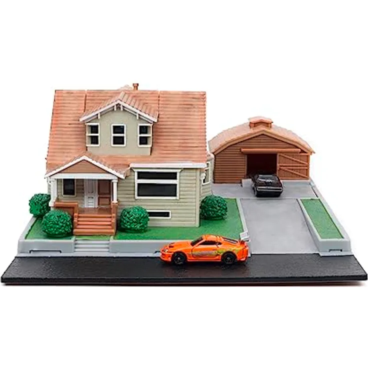 Jada Toys Fast & Furious Dom Toretto Haus - Nano Diorama (14x20x20cm) inkl. 2 Die Cast Autos (Dodge Charger und Toyota Supra), Garage und Außenflächen, Fast and Furious Fanartikel ab 8 Jahre
