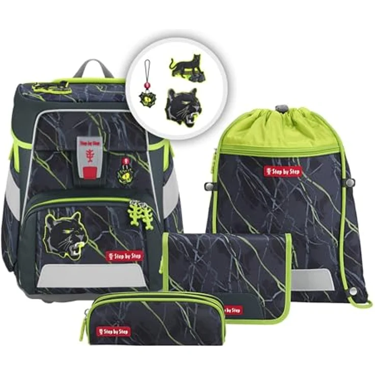 Step by Step Schulranzen-Set Space „Danger Cat Chiko“ 5-teilig, grau-grün, Panther-Design, ergonomisch mit Reflektoren, höhenverstellbar, 20L – Bild 1
