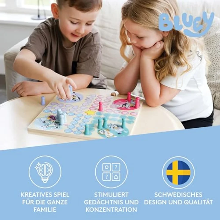 Micki Holzspiel „Mäusedorf“ von Bluey, lustiges Ludo-Spiel für Kinder mit 16 Spielfiguren in 4 Farben und Würfel – Bild 2