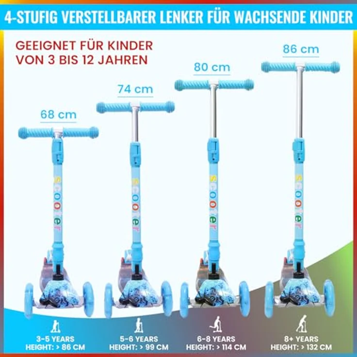 Europebazar Habib Kinderroller Metall-Roller 3-Rad mit verstellbarem Lenker, LED Licht, klappbar, bis 50kg, Blau – Bild 4