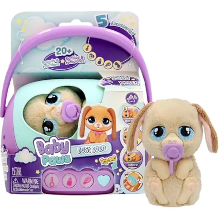 IMC TOYS Baby Paws interaktiver Hund mit Sound, Hundetasche und Zubehör, Plüschtier für Kinder ab 18 Monaten