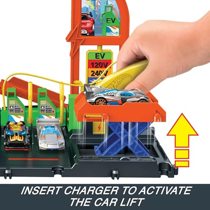 Hot Wheels City Super Recharge Tankstelle, interaktives Spielset mit umpositionierbarem Ladegriff und Platz für 10 Fahrzeuge, inklusive einem Hot Wheels Auto – Bild 5