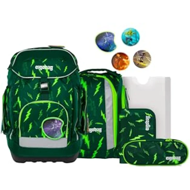 ergobag maxi set 6-teilig, ergonomischer Schulrucksack für Grundschule, anpassbar für große Kinder, Bärtastisch - Grün, inklusive Sportrucksack und gefülltem Federmäppchen – Bild 1