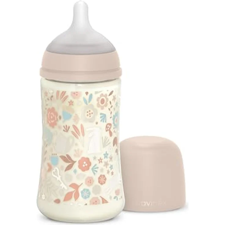 Suavinex 270 ml Babyflasche, SX Pro Silikon-Sauger mit Antikolik-Ventil, mittlerer Fluss-Sauger (M), Rosa Blumen Design, ab 0 Monate – Bild 1