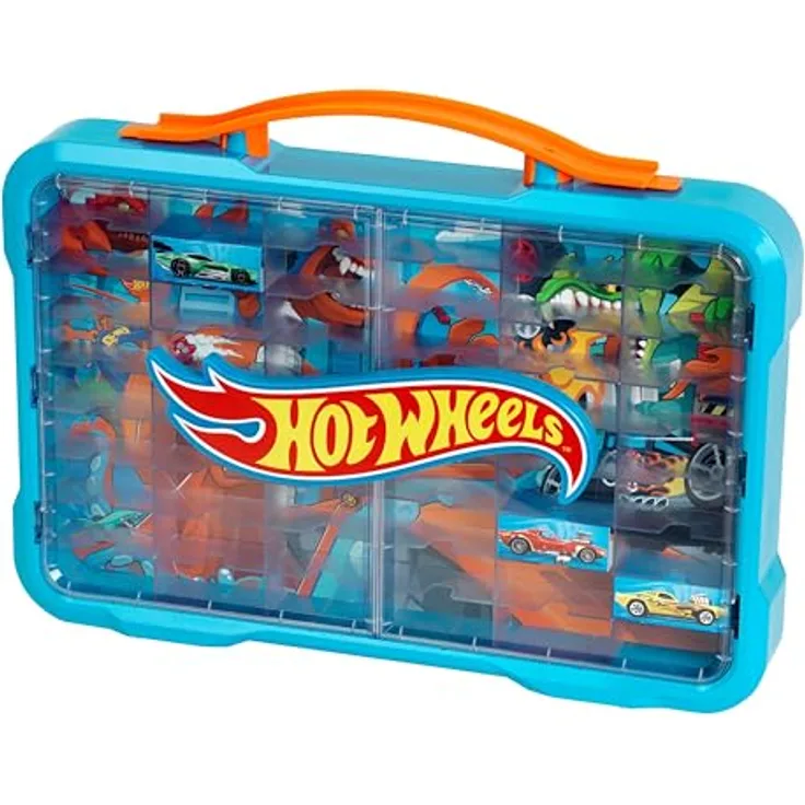Theo Klein HW - Sammelkoffervitrine für 54 Autos, leuchtendes Hot Wheels Logo, Wandmontage, 2-flügelige transparente Vitrinentür, Tragegriff