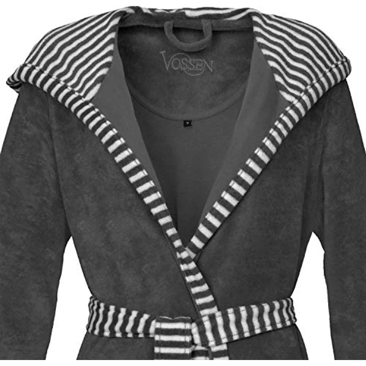 Vossen Damen Bademantel, Grau, leicht und figurformend mit modern-gestreifter Bordüre, 80% Baumwolle – Bild 3