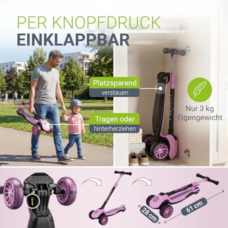 JUSKYS® Kinderroller Lumox Rosa, höhenverstellbarer Dreiradscooter mit LED-Rollen, klappbar, Hinterradbremse und Komfortfederung – Bild 5