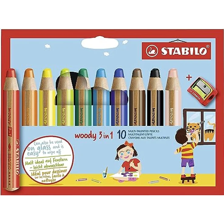 Buntstift, Wasserfarbe & Wachsmalkreide - STABILO woody 3 in 1 - 10er Pack mit Spitzer - mit 10 verschiedenen Farben – Bild 1