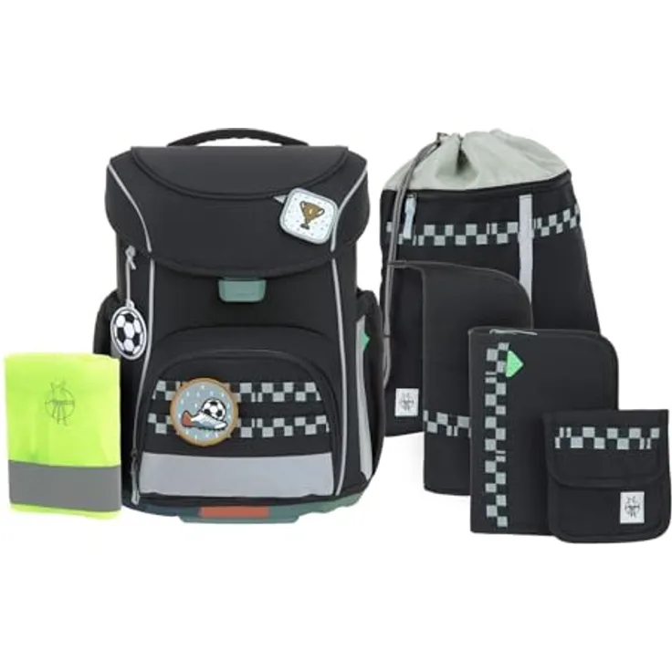 LÄSSIG Unique School Set Slim, 7-teiliges Schulranzen-Set mit durchdachtem Stauraum und Regenhülle, schwarz