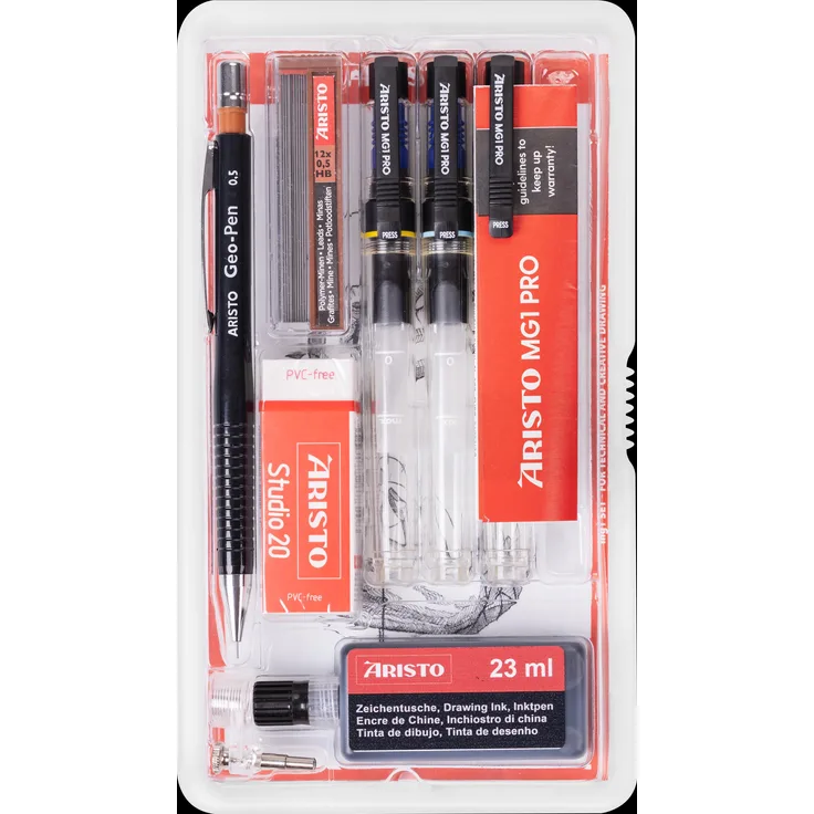 Aristo Tuschefüller Kassette MG1, Set mit 3 Strichstärken (0,20 mm, 0,35 mm, 0,70 mm), inklusive Feinminenstift Geo-Pen und Nachfülltusche, transparent