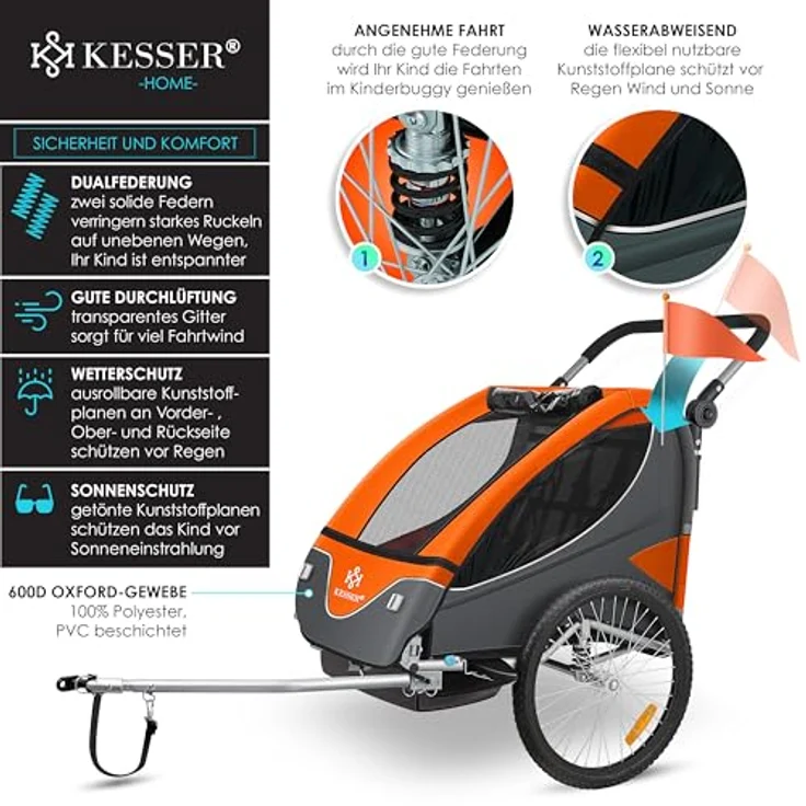 KESSER® Kinderanhänger 2in1 Fahrradanhänger mit 360° Drehfunktion, Federung, 5-Punkt Gurt für 1-2 Kinder bis 40kg, inkl. Warnfahne, Orange – Bild 3