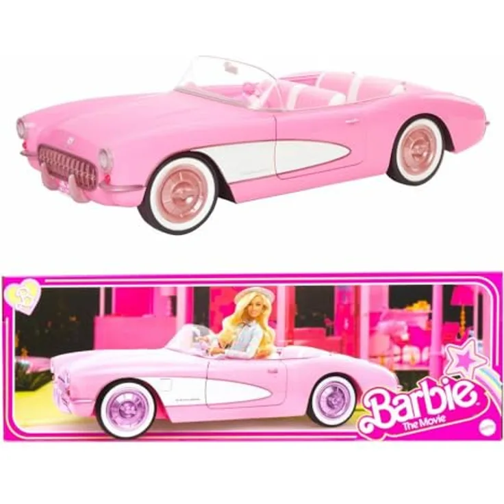 Barbie Corvette, Kaugummipinkes Cabrio für 4 Puppen, mit öffnenden Türen und drehbarem Lenkrad, Retro-Lackierung und Luxus-Interieur, für Sammler, HPK02