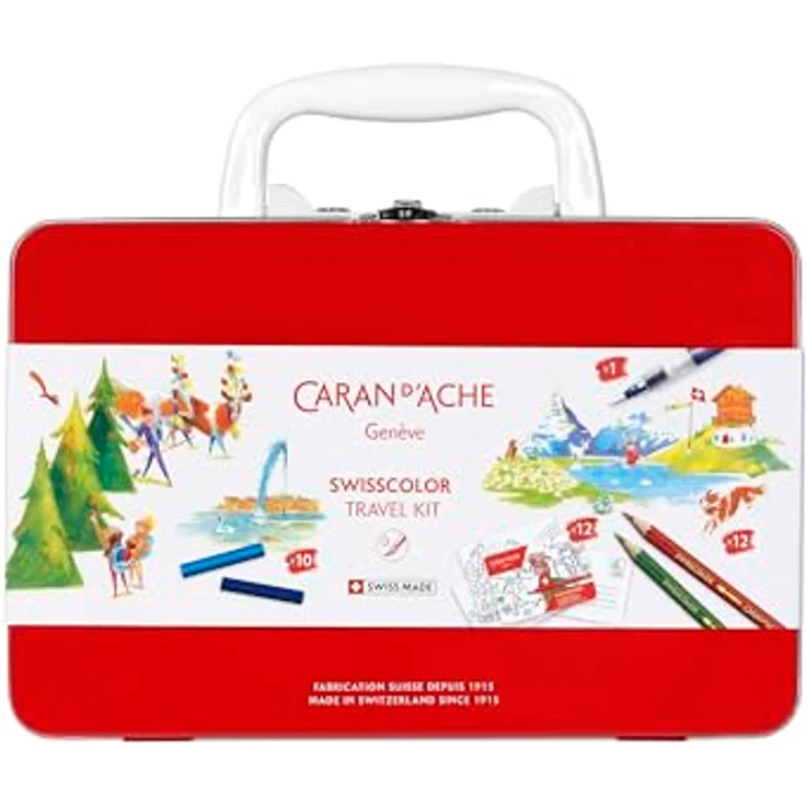 Caran d'Ache Swisscolor Travel Kit, Set mit Metallkoffer, 12 Farbstiften, 10 Pastellkreiden, Aquarellpinsel und 12 Ausmal-Postkarten – Bild 1